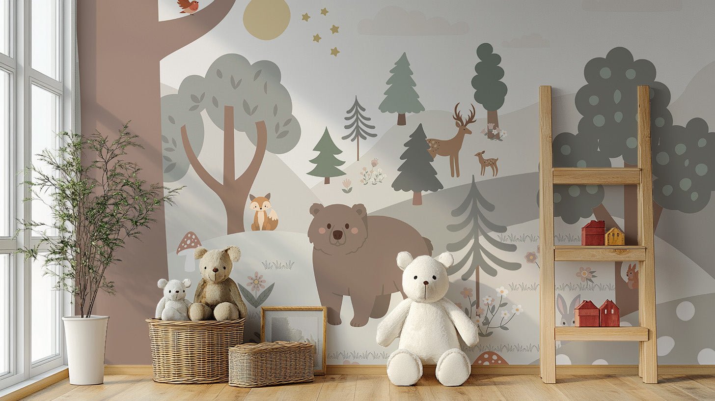 Snow Forest Kids Room Wall Murals with bear and deer in a bright playroom.