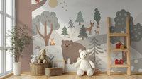 Snow Forest Kids Room Wall Murals with bear and deer in a bright playroom.
