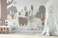 Snow Forest Wall Murals in a play area with a white desk.