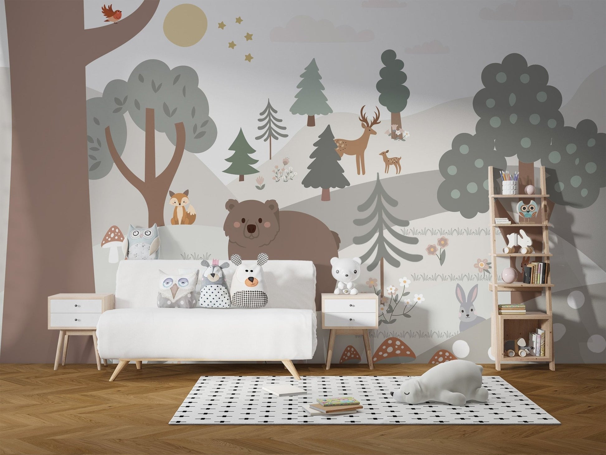 Minimalist forest wall mural featuring mountain peaks in children's room.