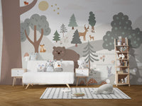 Minimalist forest wall mural featuring mountain peaks in children's room.