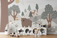 Pastel tone forest wall mural in a light-filled playroom setting.