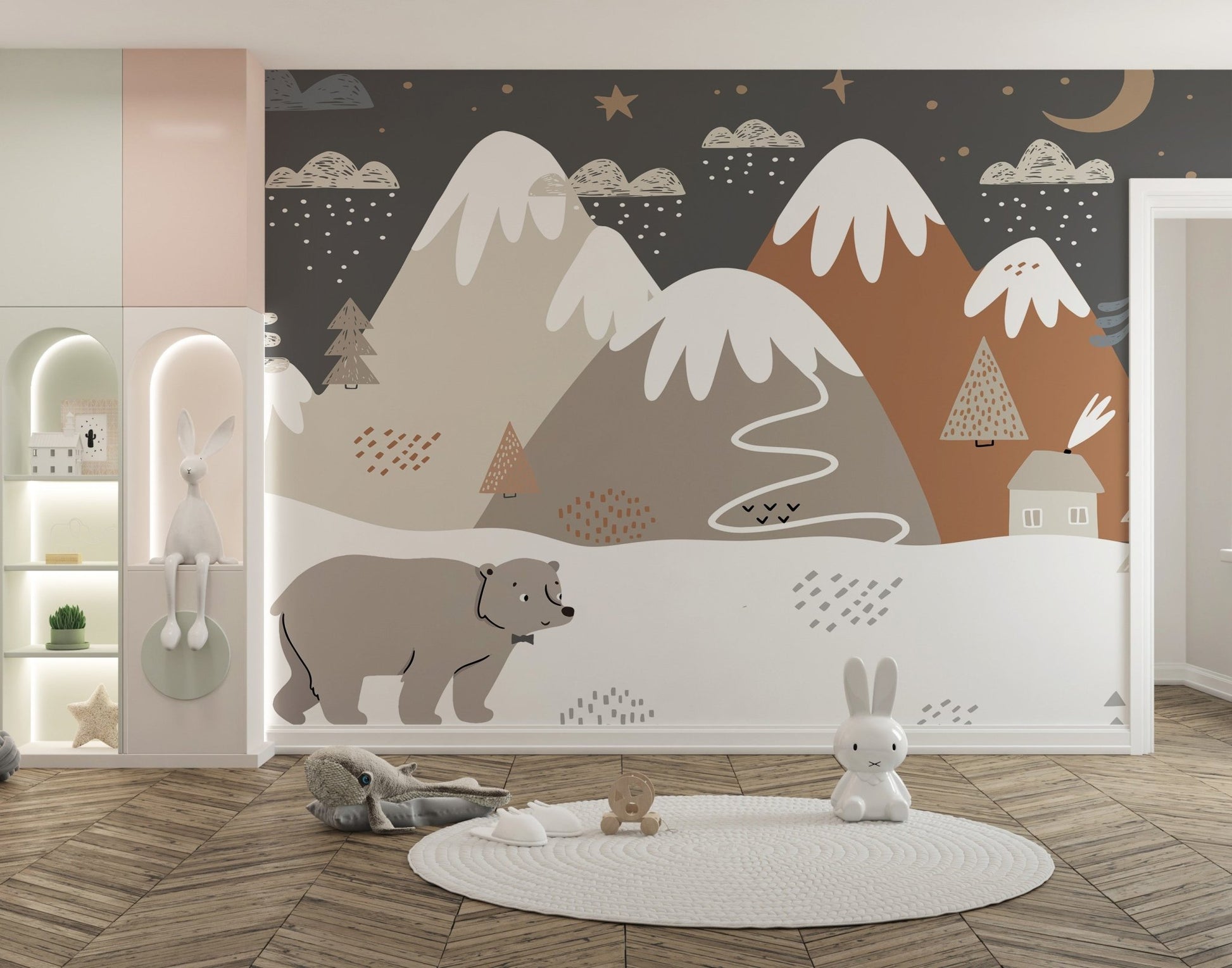 Snow adventure wallpaper with playful bears
