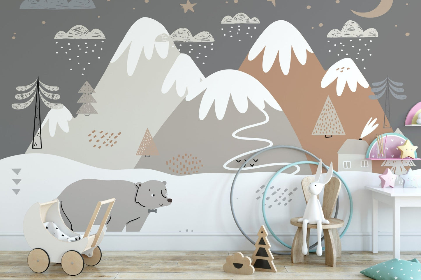 Cute bear wallpaper with snowy backdrop
