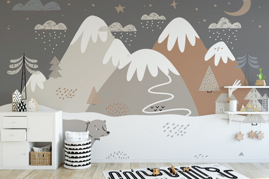 Snowy Adventures Bear Wall mural for Kids in a bright nursery with white wooden furniture.