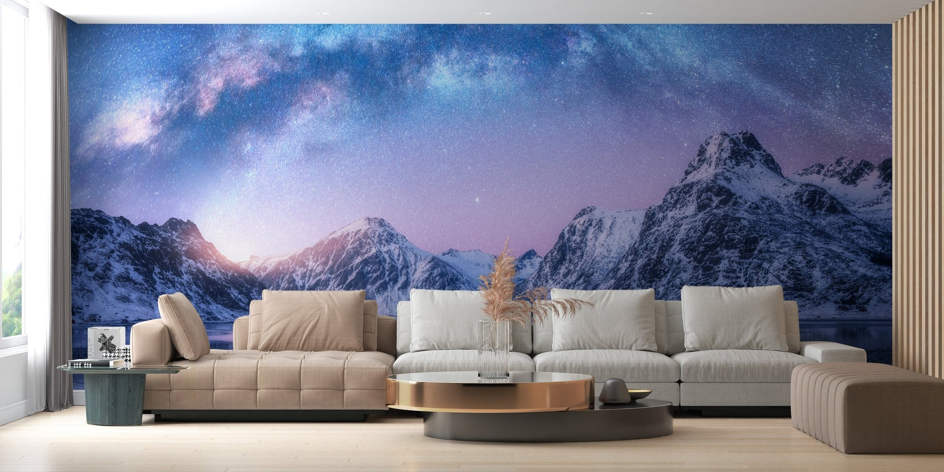 Purple galaxy sky mountain wall mural in a spacious living with a floor lamp.