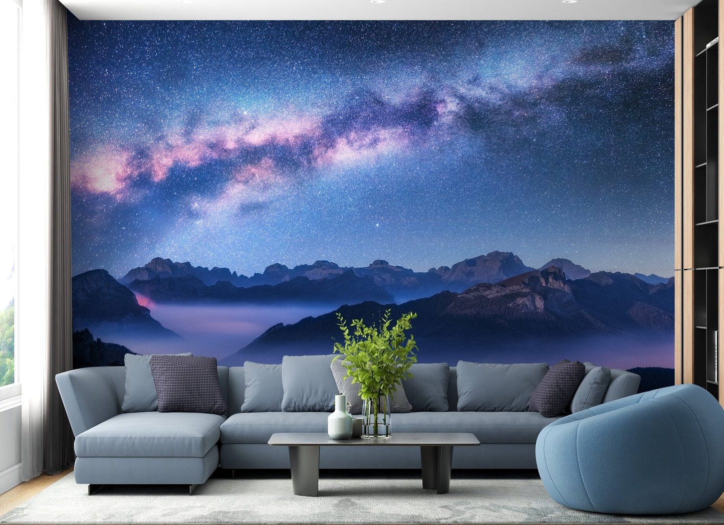 Snowy Mountain Landscape Wall Mural in modern living room.