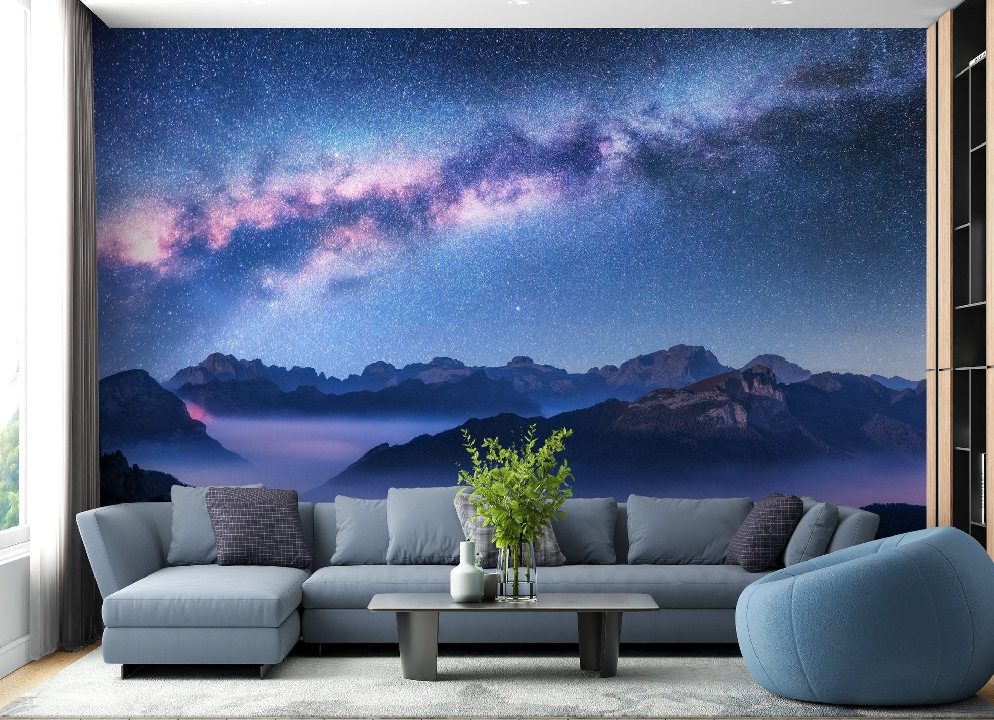 Snowy Mountain Landscape Wall Mural in modern living room.