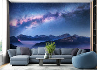 Snowy Mountain Landscape Wall Mural in modern living room.