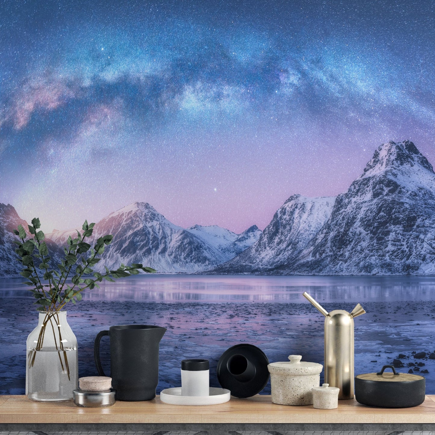 Snowy peaks wall mural for a serene mountain vibe in kitchen.