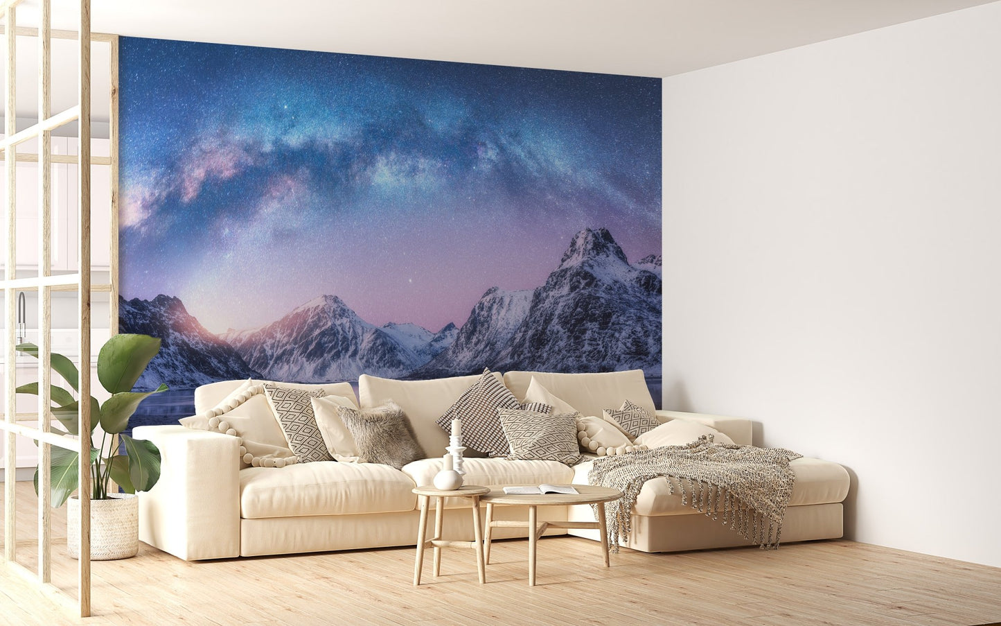 Scenic snowy mountain wall mural for tranquil living room interiors.