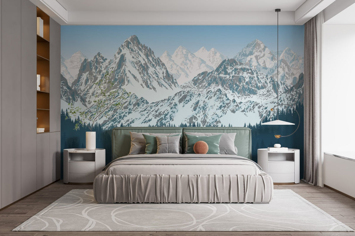 Master bedroom with Snowy Mountains Tropical Forest Murals and wooden decor.