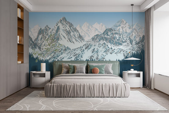 Master bedroom with Snowy Mountains Tropical Forest Murals and wooden decor.
