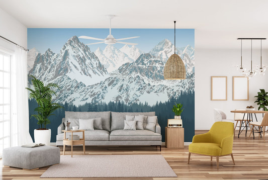 Blue mountain range wall mural in a modern living room with yellow chair.