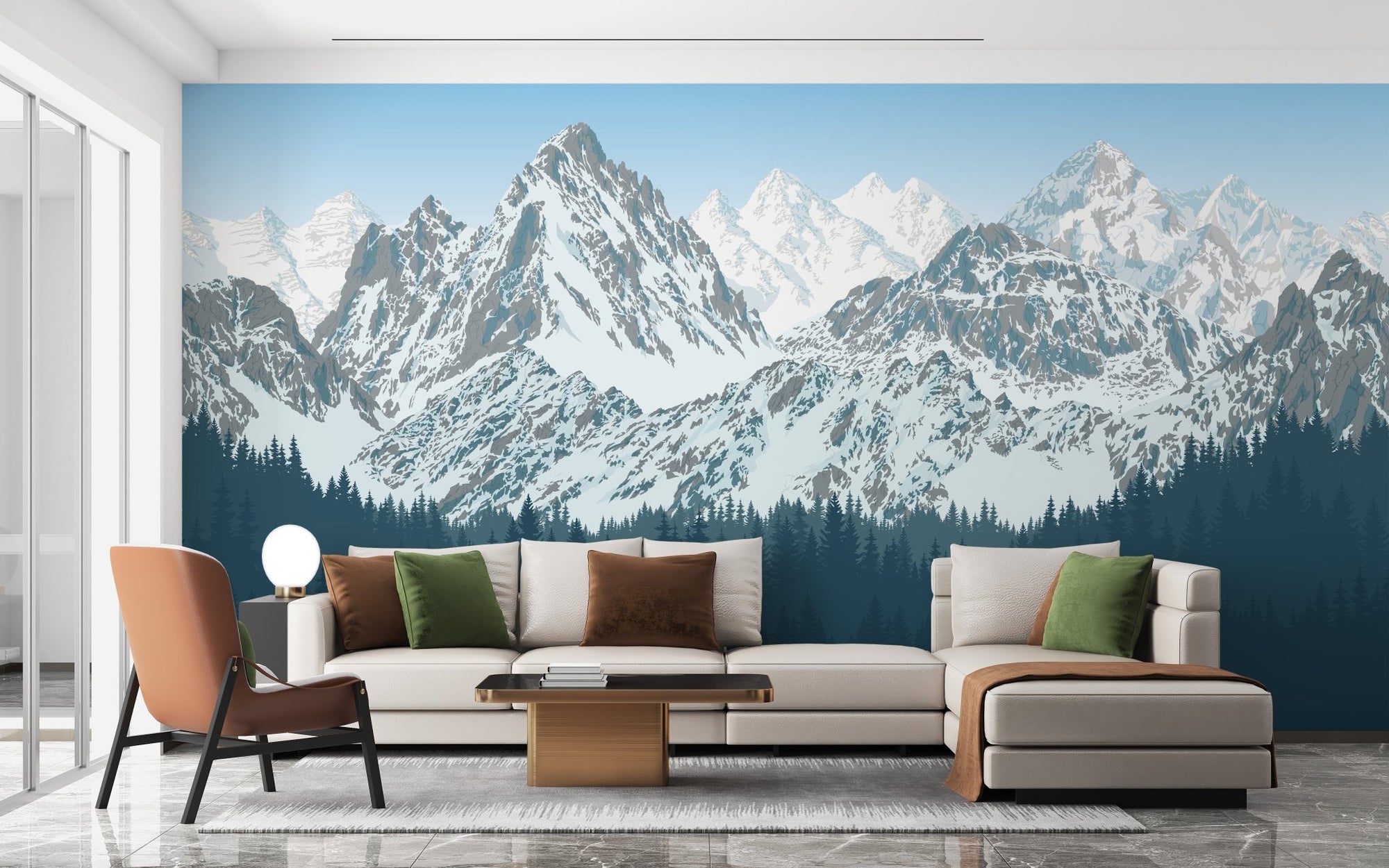 Living room with Snowy Mountains Tropical Forest Murals and white sofa.