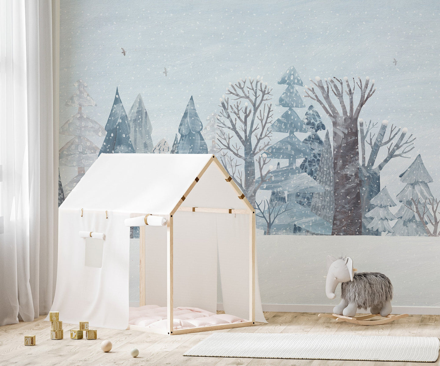 Snow-covered pine forest wall mural with grey and white color palette.