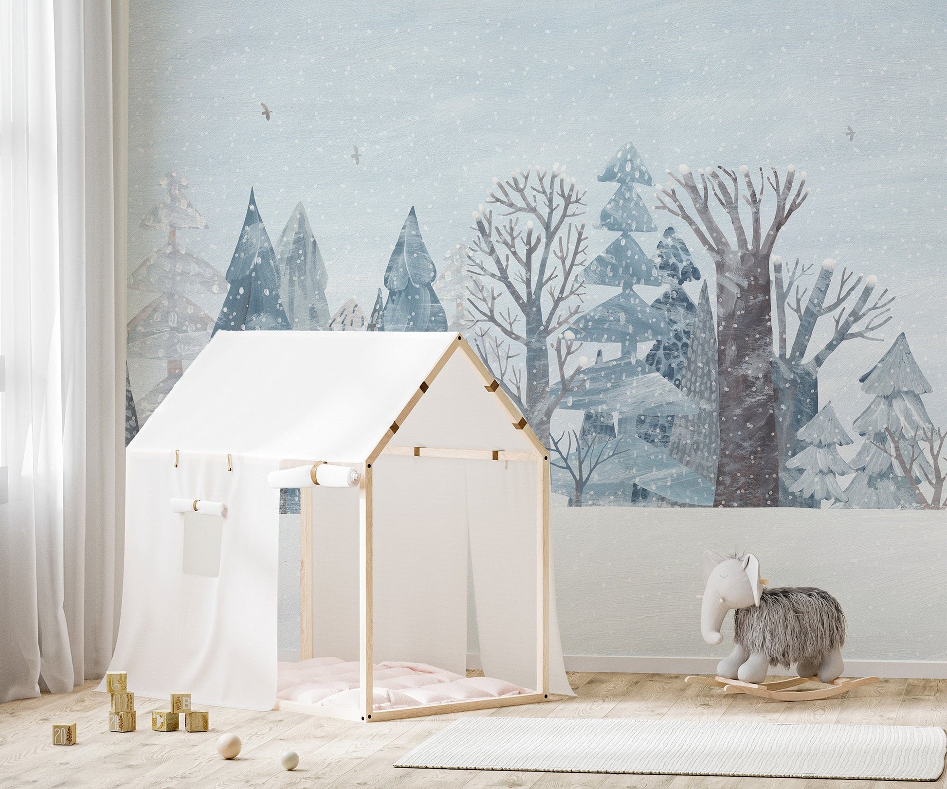 Snow-covered pine forest wall mural with grey and white color palette.