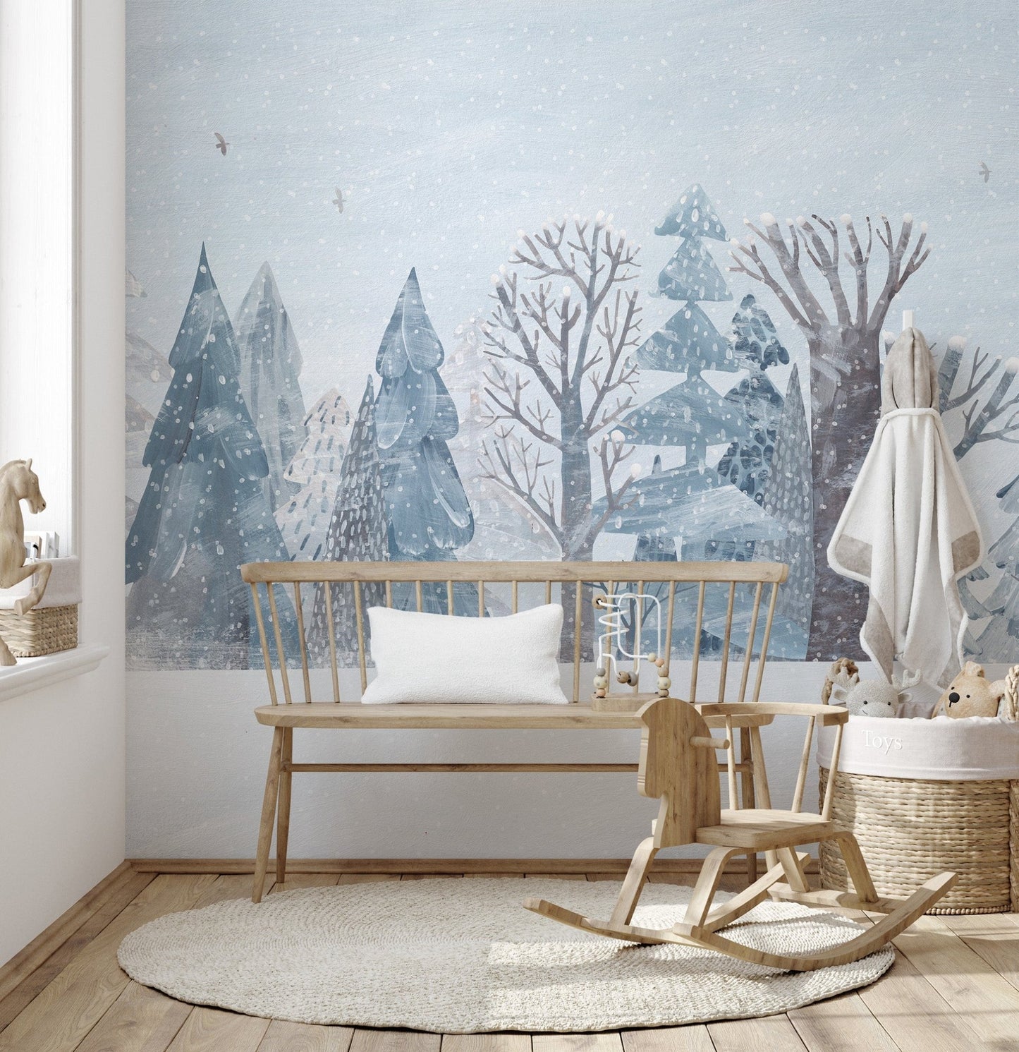 Blue and white snowy forest wall mural modern wall decor.