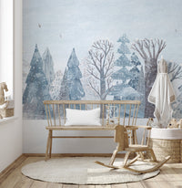 Blue and white snowy forest wall mural modern wall decor.