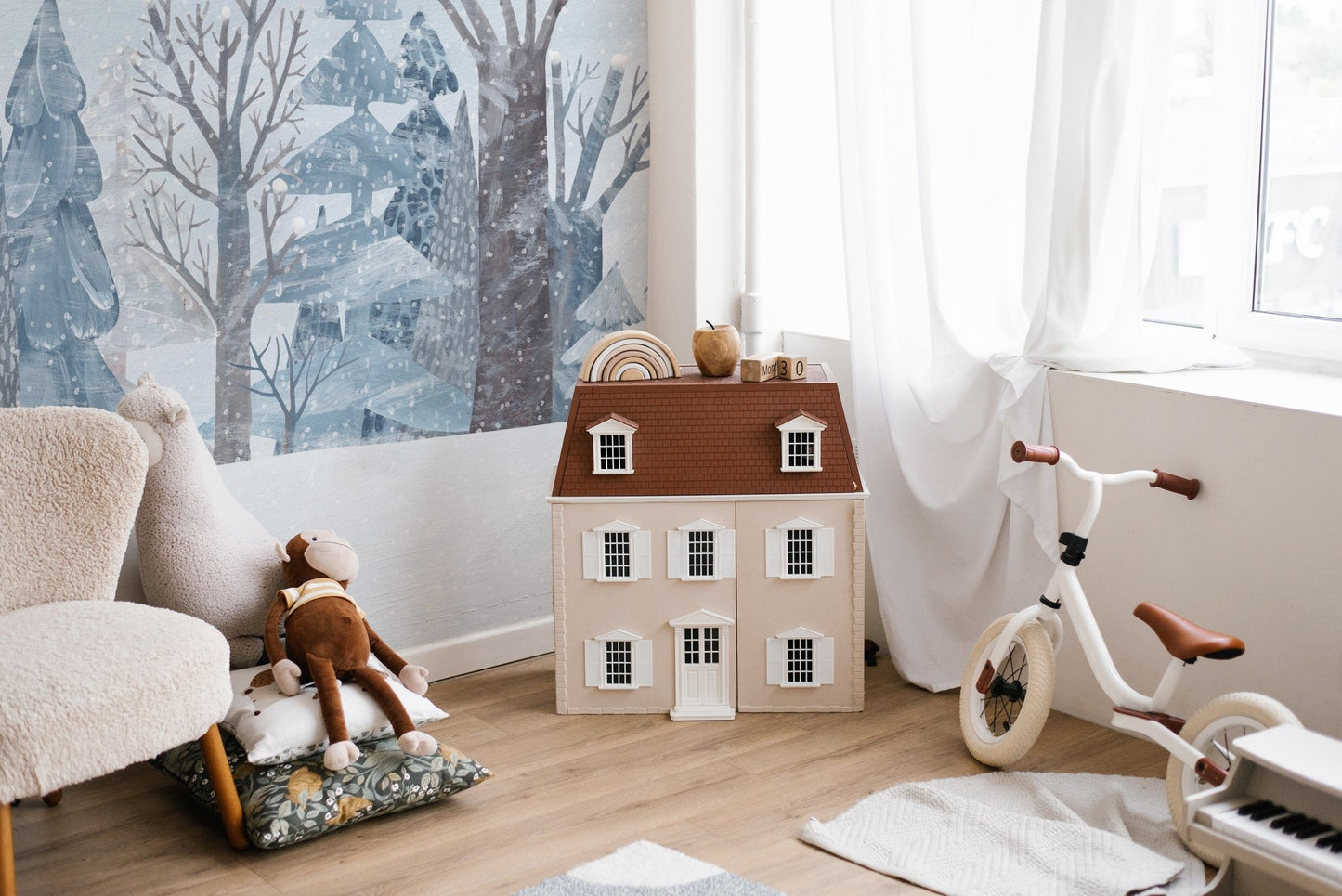 Contemporary snowy landscape wall mural with frosted tree design.
