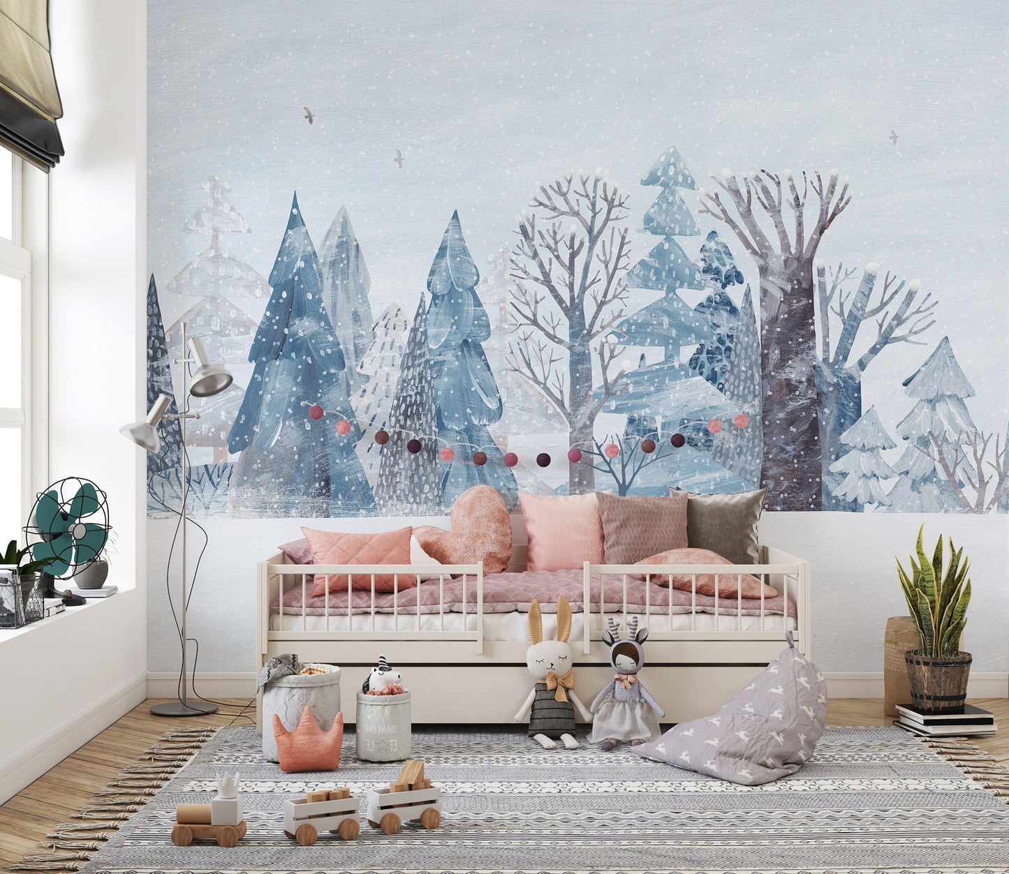 Artistic winter forest wall mural with layered tree silhouettes.