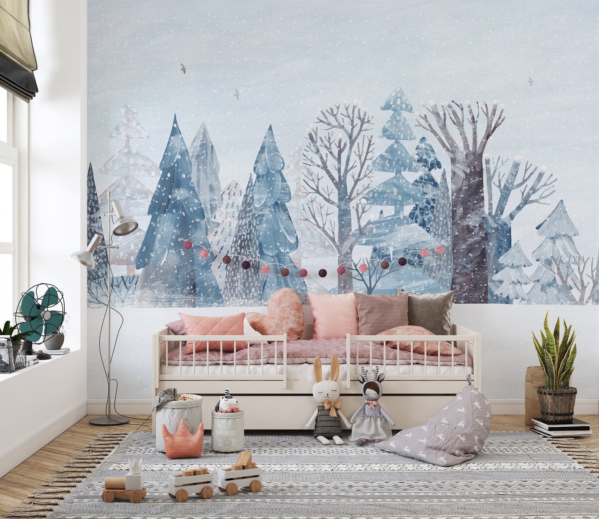 Artistic winter forest wall mural with layered tree silhouettes.