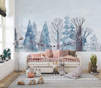 Artistic winter forest wall mural with layered tree silhouettes.