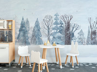 Scandinavian style snowy trees wall mural in muted color scheme.