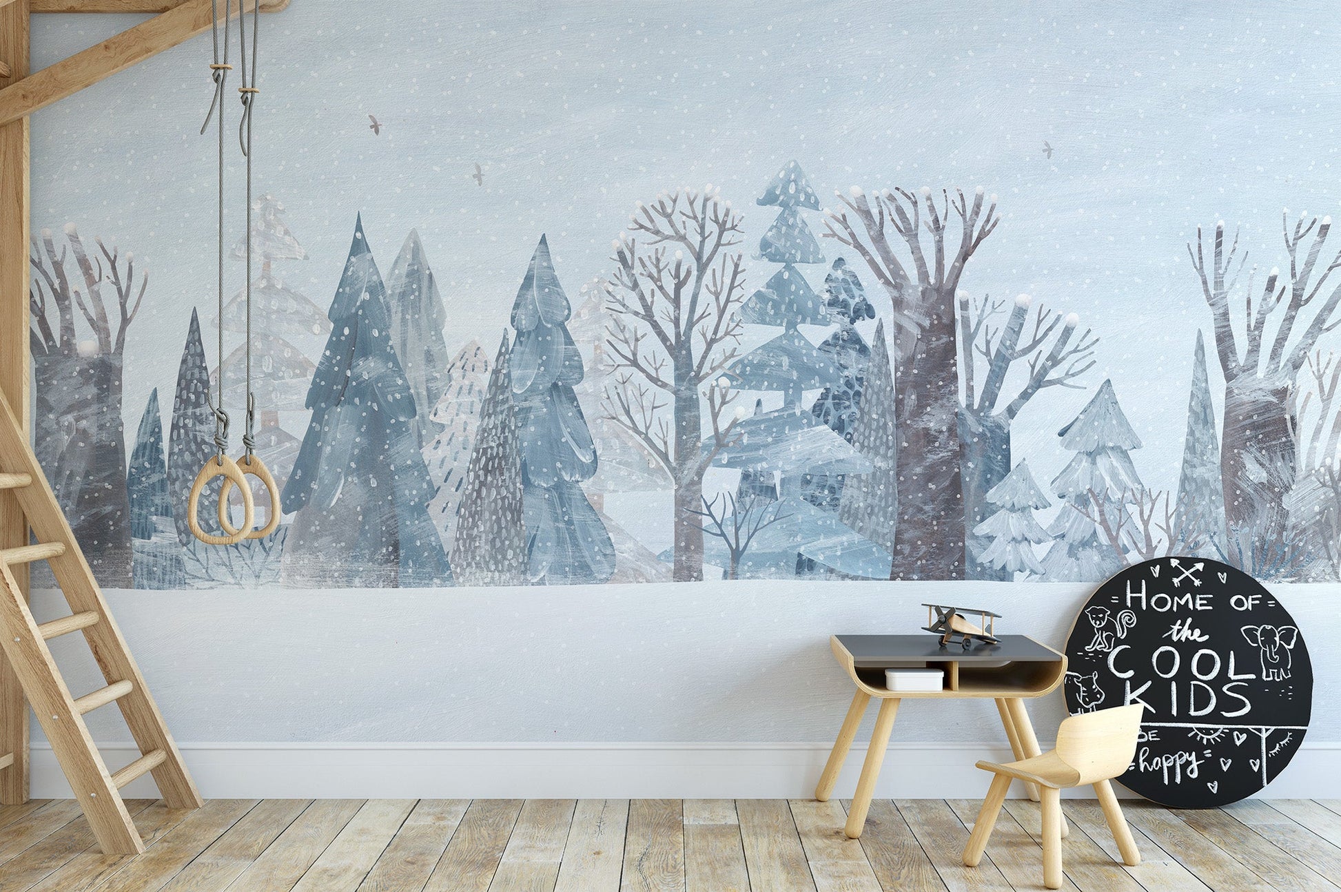 Soft watercolor winter forest wall mural in cool grey color tones.