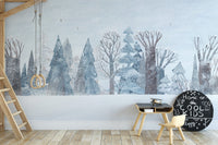 Soft watercolor winter forest wall mural in cool grey color tones.