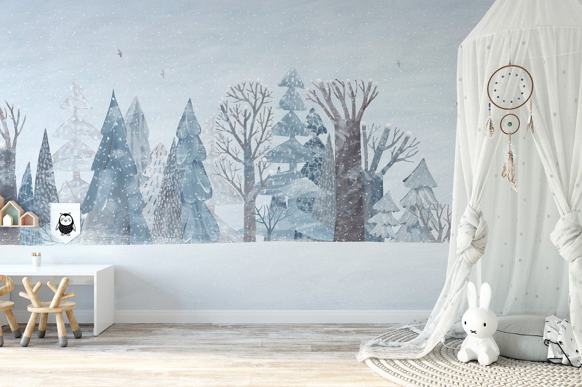 Minimalist winter woodland wall mural with falling snow illustration.