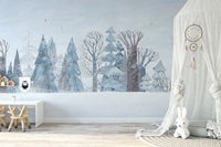 Minimalist winter woodland wall mural with falling snow illustration.