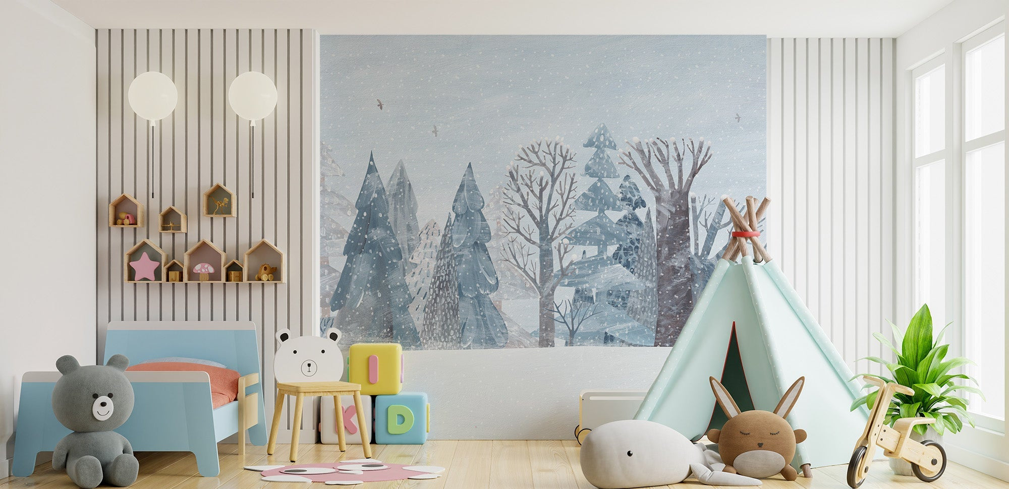 Snowy trees landscape wall mural winter forest wallpaper in soft blue tones.