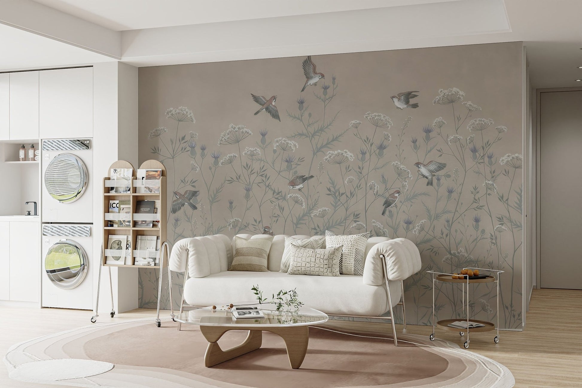 Beige botanical wallpaper mural with soaring sparrows and soft blue stems.