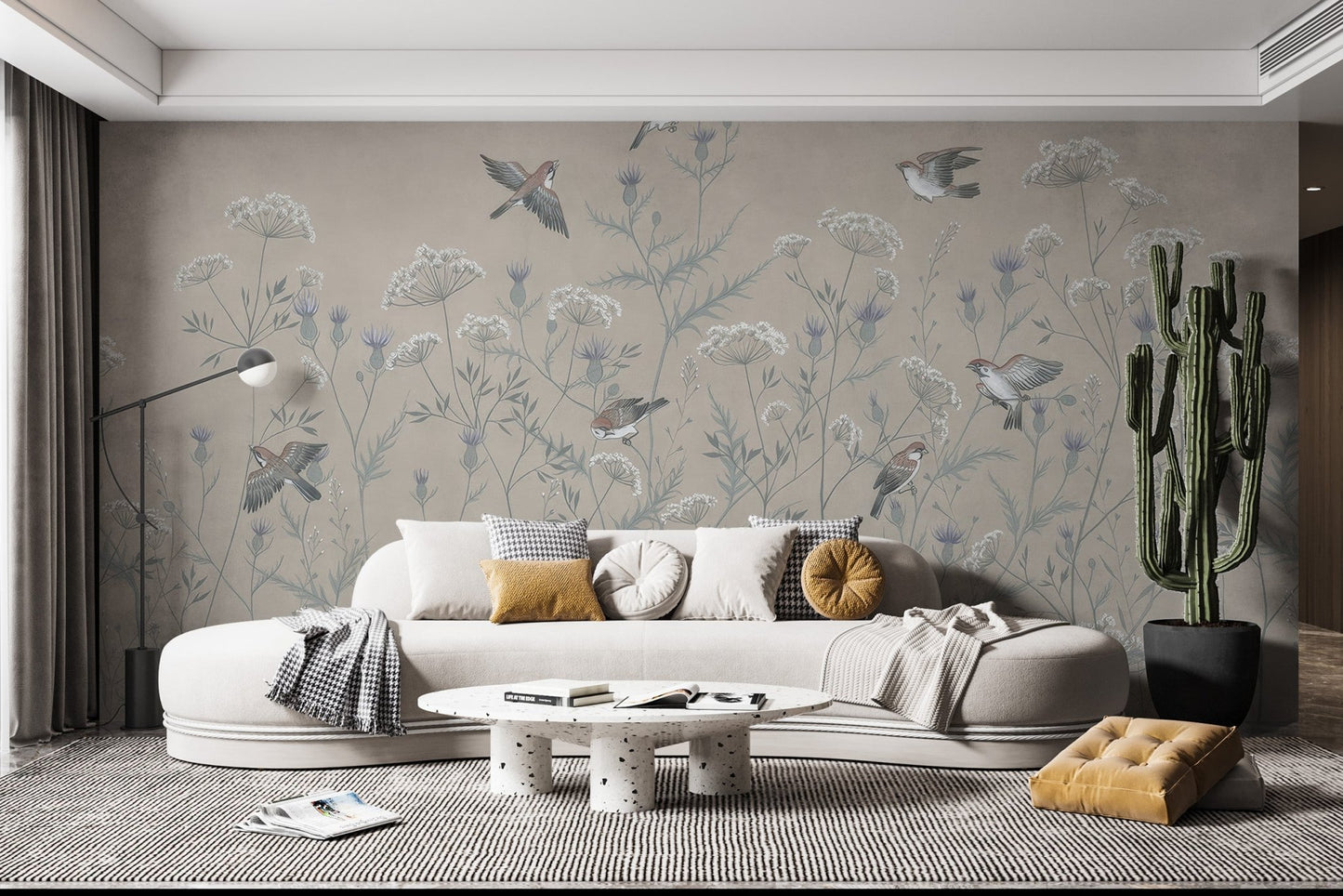 Decorative wall mural with flying birds and wild plant sketch.