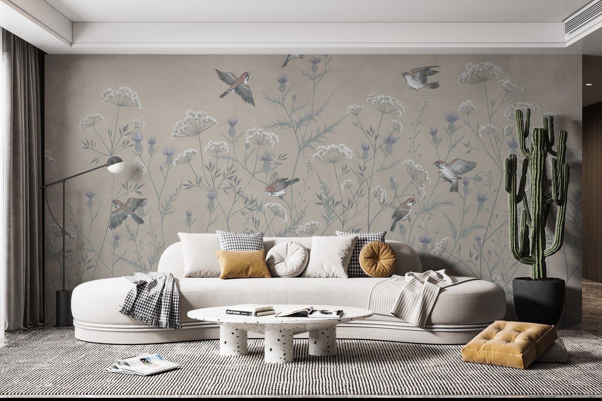 Decorative wall mural with flying birds and wild plant sketch.
