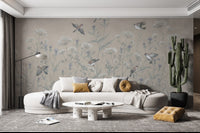 Decorative wall mural with flying birds and wild plant sketch.