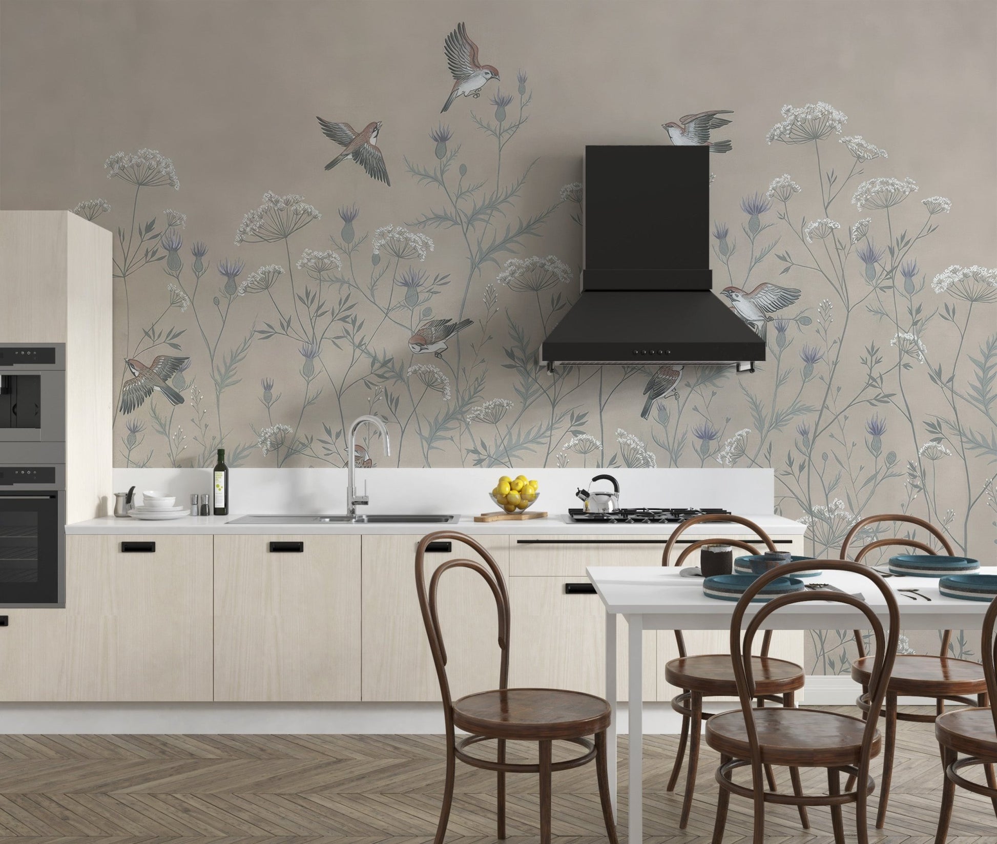 Soaring birds wallpaper mural with beige and blue botanical pattern.