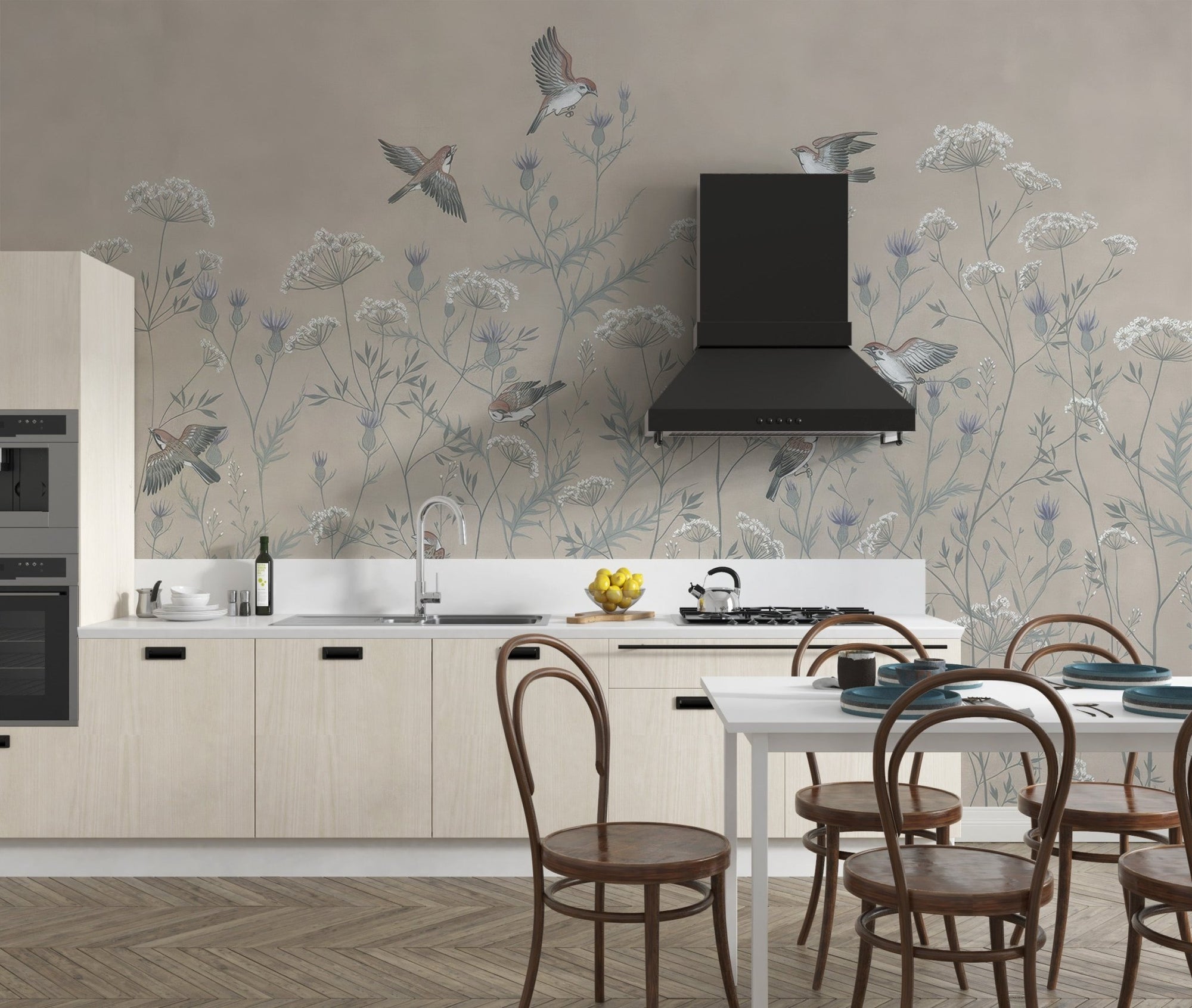 Soaring birds wallpaper mural with beige and blue botanical pattern.
