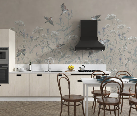 Soaring birds wallpaper mural with beige and blue botanical pattern.