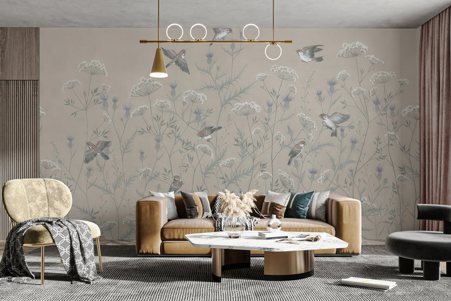 Elegant botanical wallpaper mural with small flying birds.