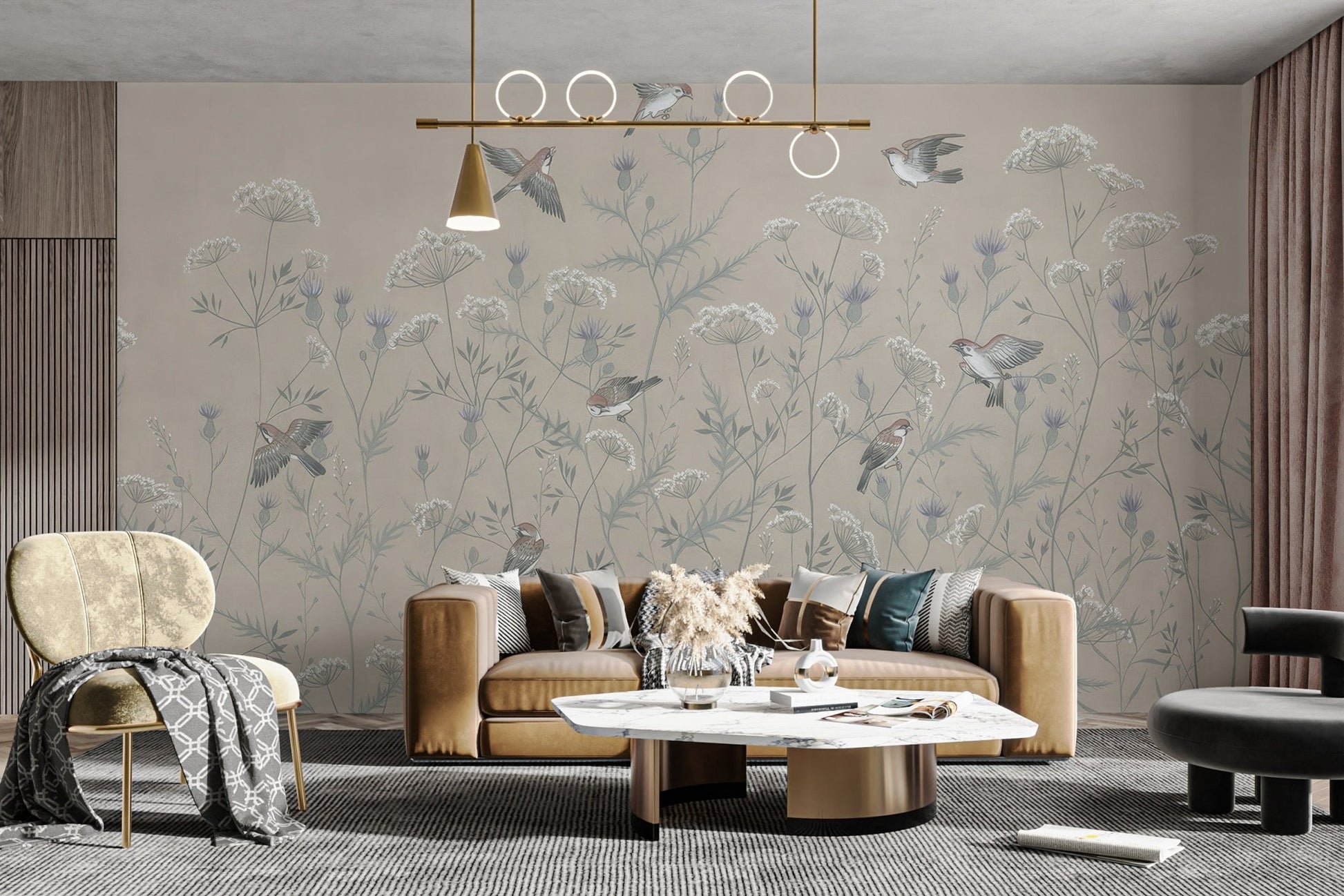 Elegant botanical wallpaper mural with small flying birds.