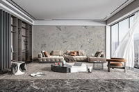 Minimalist birds wall mural in beige and dusty blue color theme.