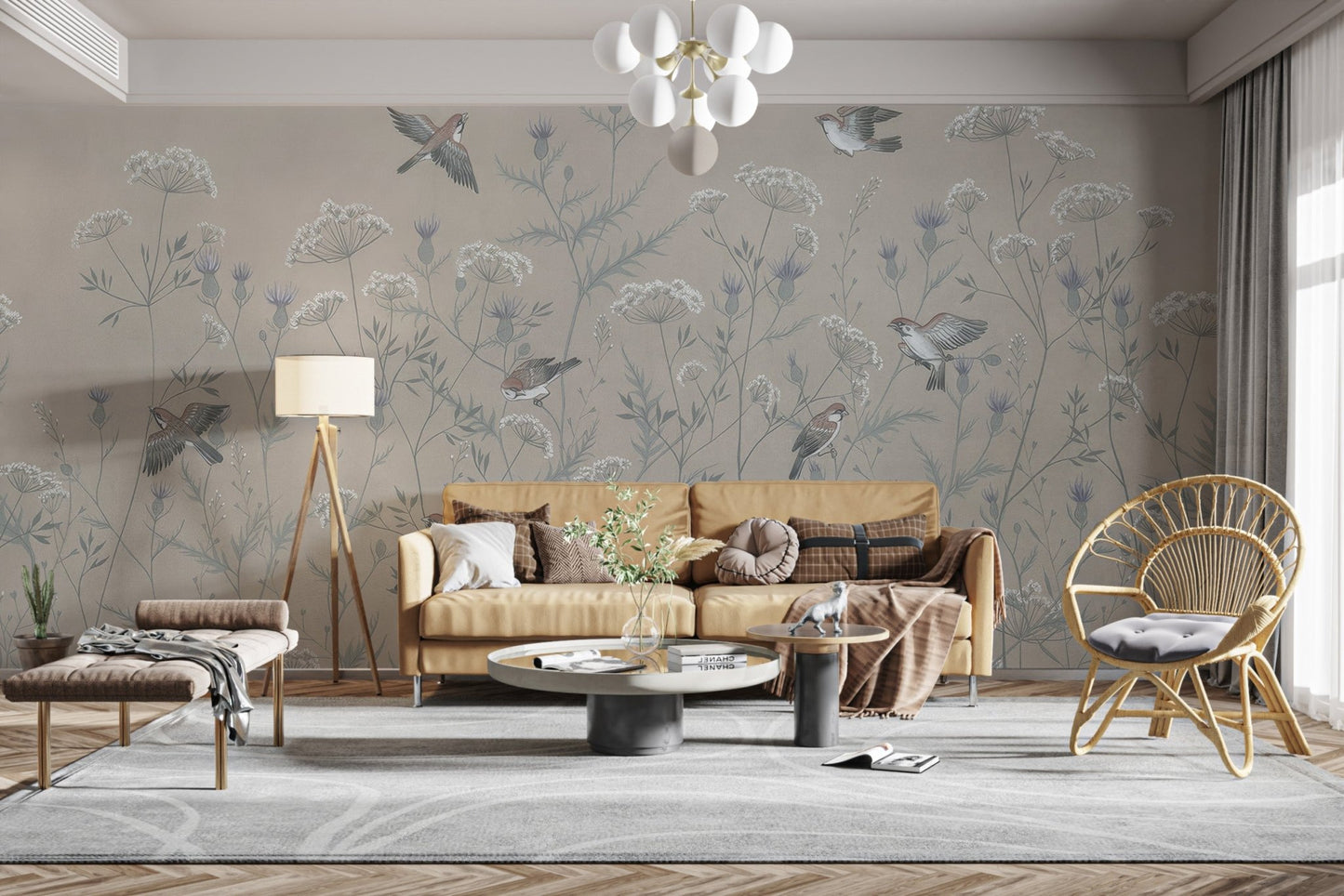 Contemporary birds wallpaper mural with meadow illustration.