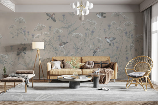Contemporary birds wallpaper mural with meadow illustration.