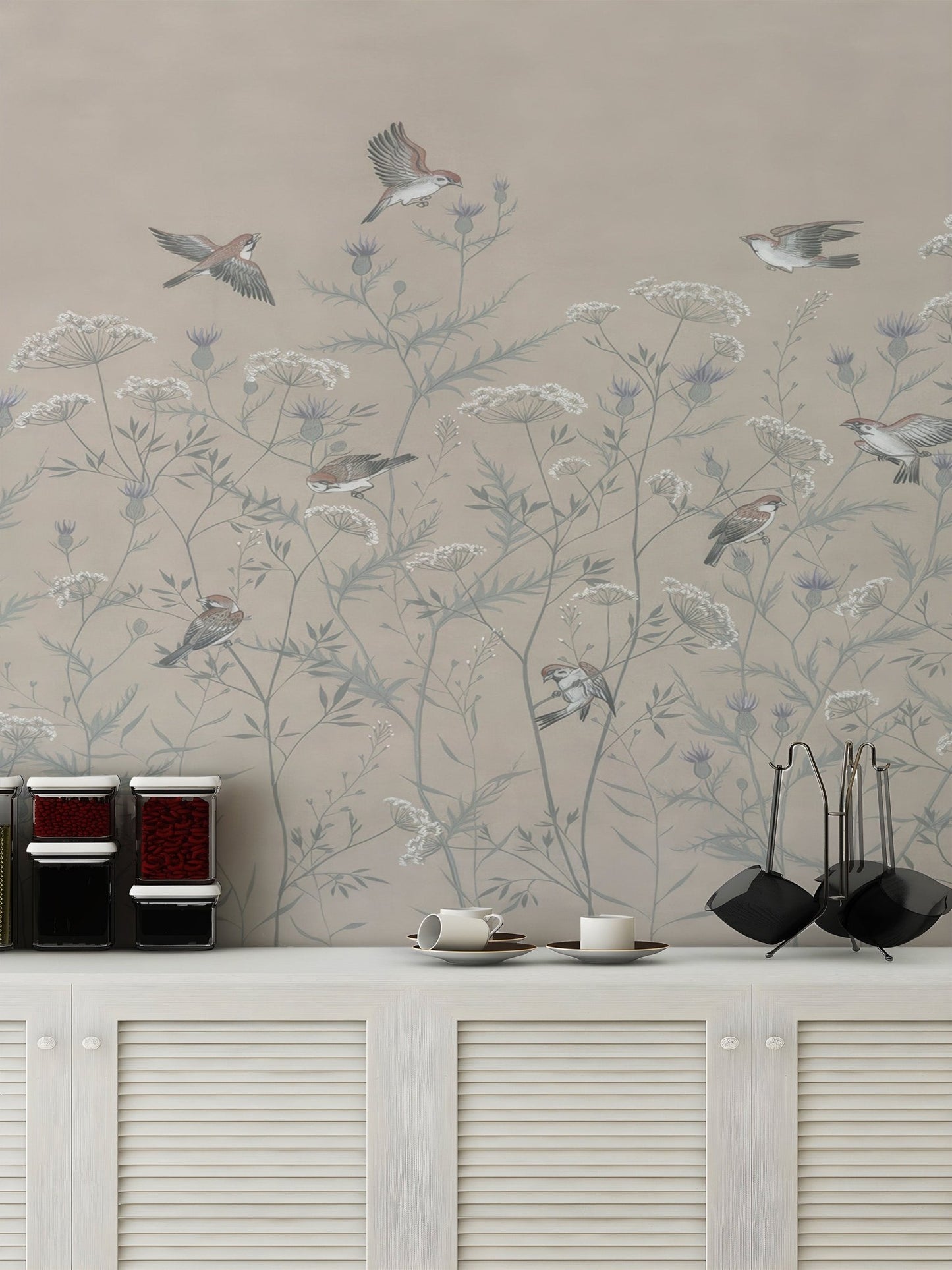 Elegant bird wallpaper mural in muted earth tone color palette.