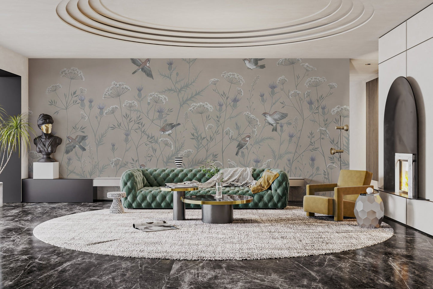 Scandinavian style wallpaper mural with soaring birds artwork.