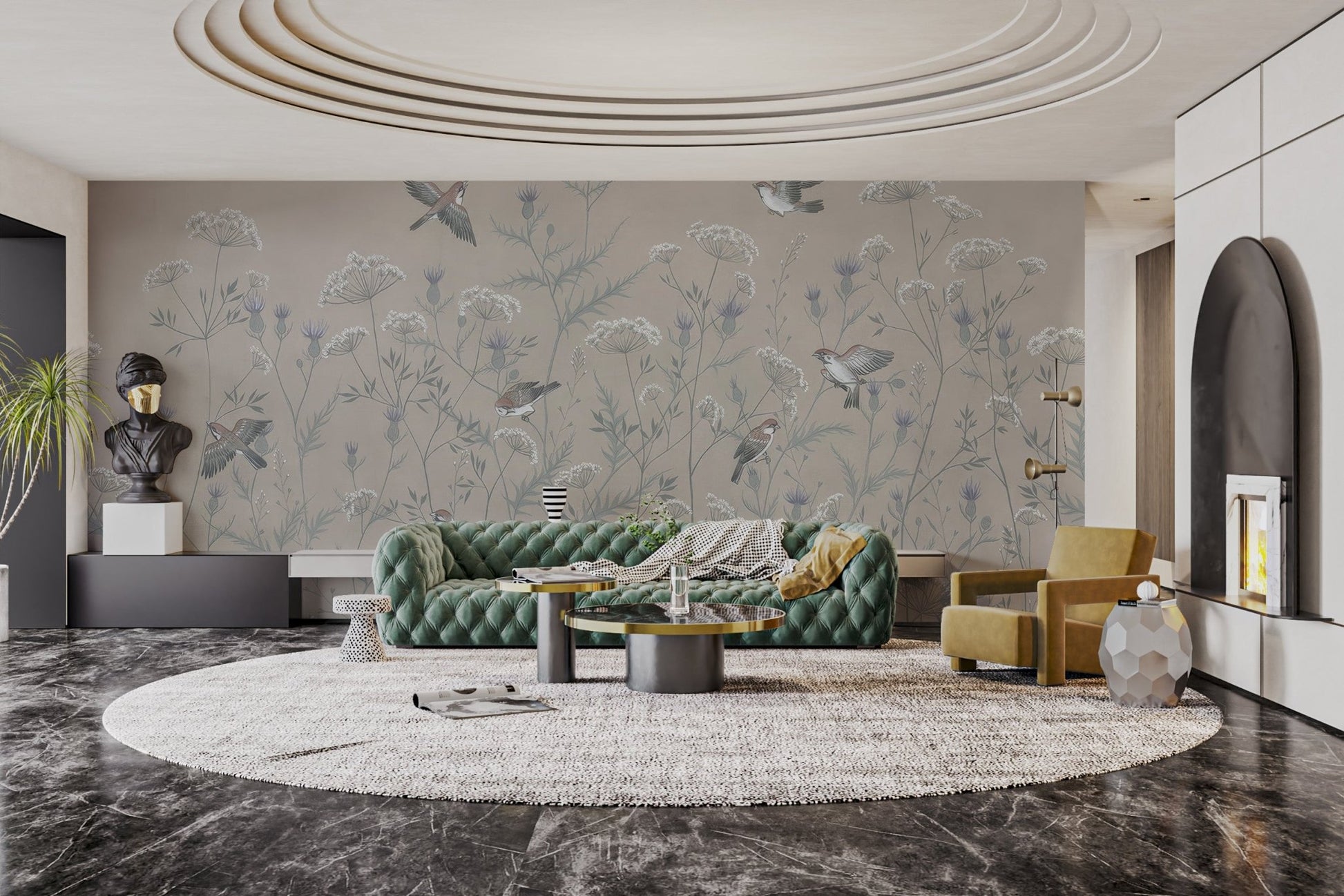 Scandinavian style wallpaper mural with soaring birds artwork.