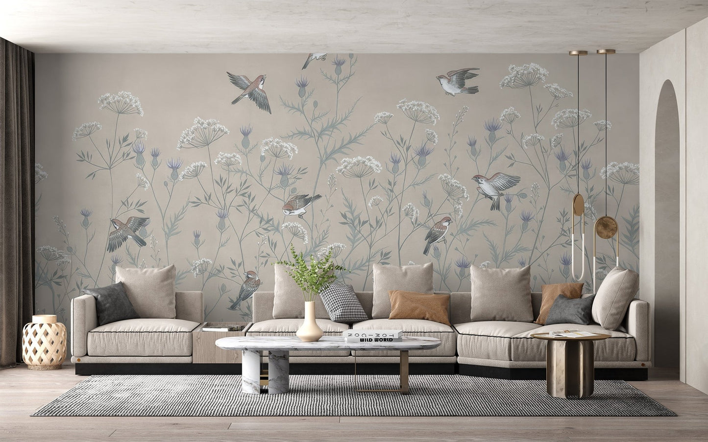 Artistic bird wallpaper mural in calm beige background.