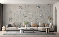 Artistic bird wallpaper mural in calm beige background.